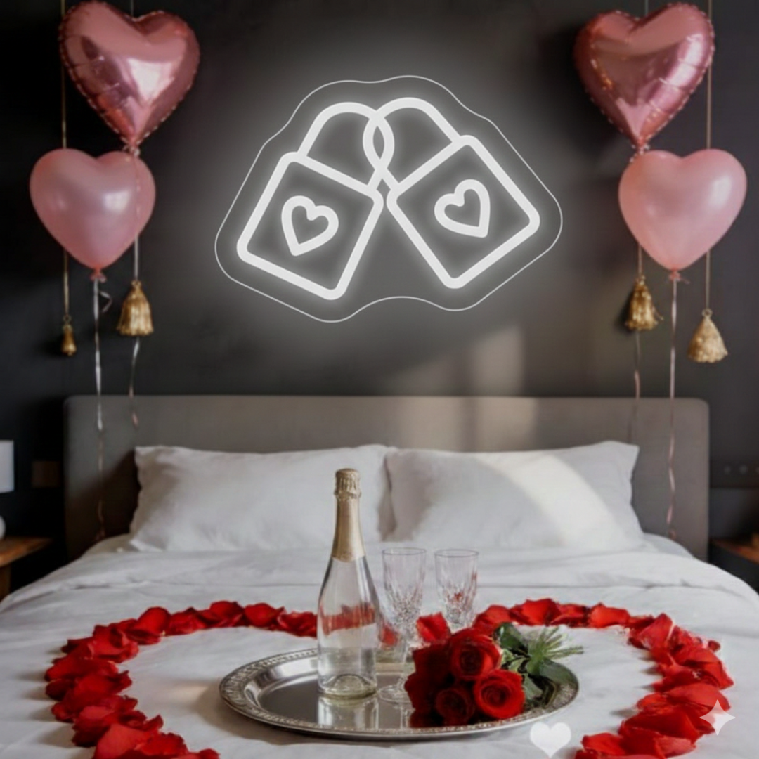 Love Lock Valentine’s Day Neon Sign displayed in café, wedding, or proposal setup by Neon.Shop