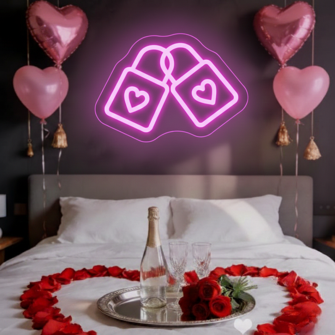 Love Lock Valentine’s Day Neon Sign displayed in café, wedding, or proposal setup by Neon.Shop