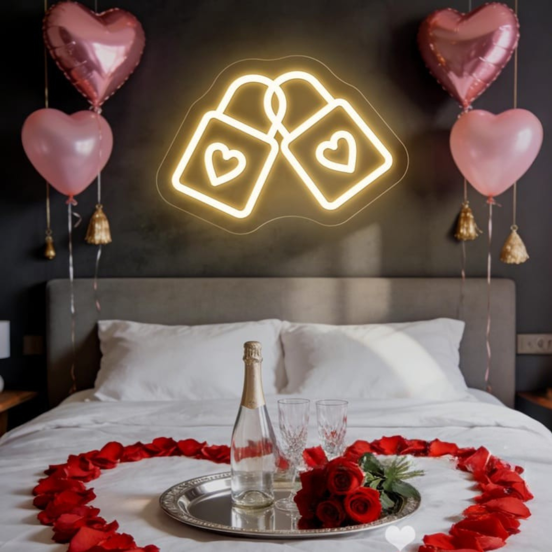 Love Lock Valentine’s Day Neon Sign displayed in café, wedding, or proposal setup by Neon.Shop