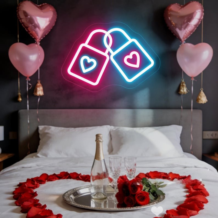Love Lock Valentine’s Day Neon Sign displayed in café, wedding, or proposal setup by Neon.Shop