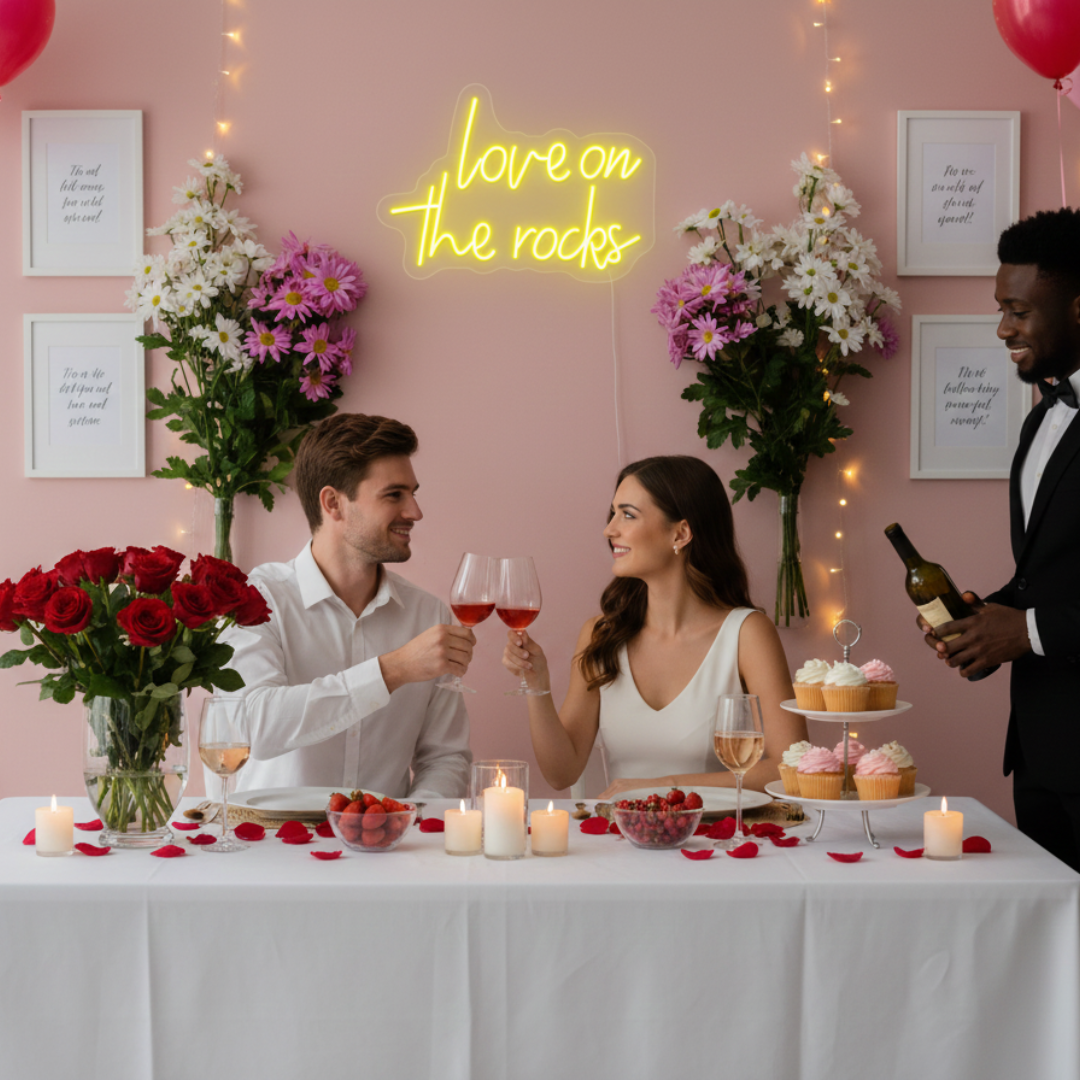 Love On The Rocks Valentine’s Day LED neon sign glowing in bold romantic tones, perfect for bedroom décor, home bars, Valentine’s gifts, and playful love-themed spaces by Neon.Shop.