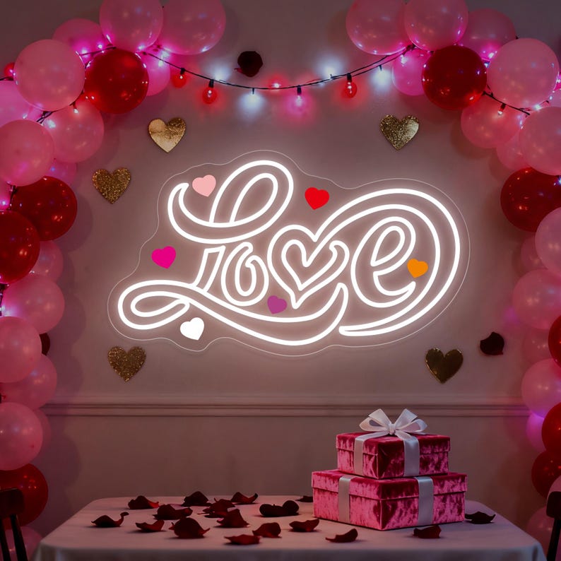 Love Valentine’s Day LED neon wall art by Neon.Shop glowing in warm romantic light, perfect for Valentine décor, bedrooms, cafés, and gifts