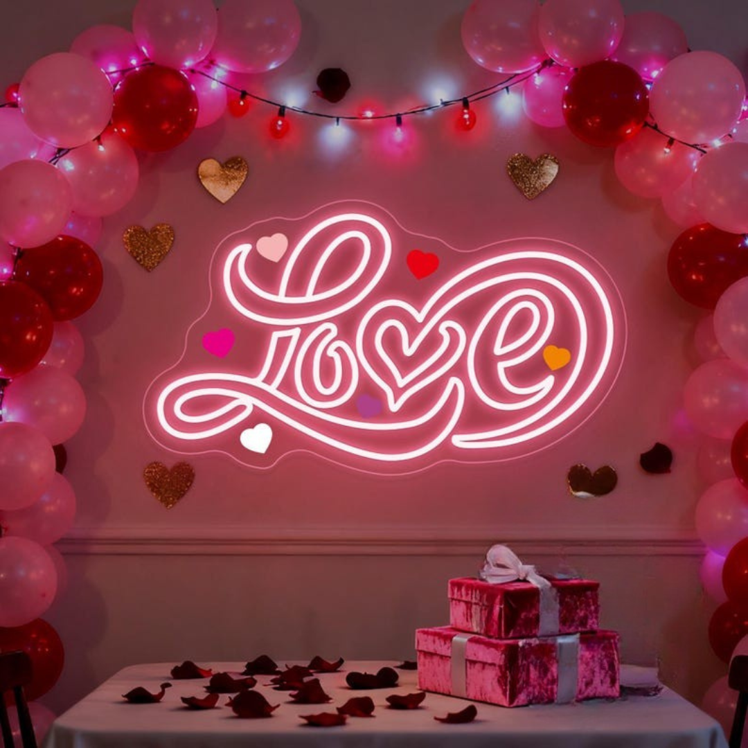 Love Valentine’s Day LED neon wall art by Neon.Shop glowing in warm romantic light, perfect for Valentine décor, bedrooms, cafés, and gifts