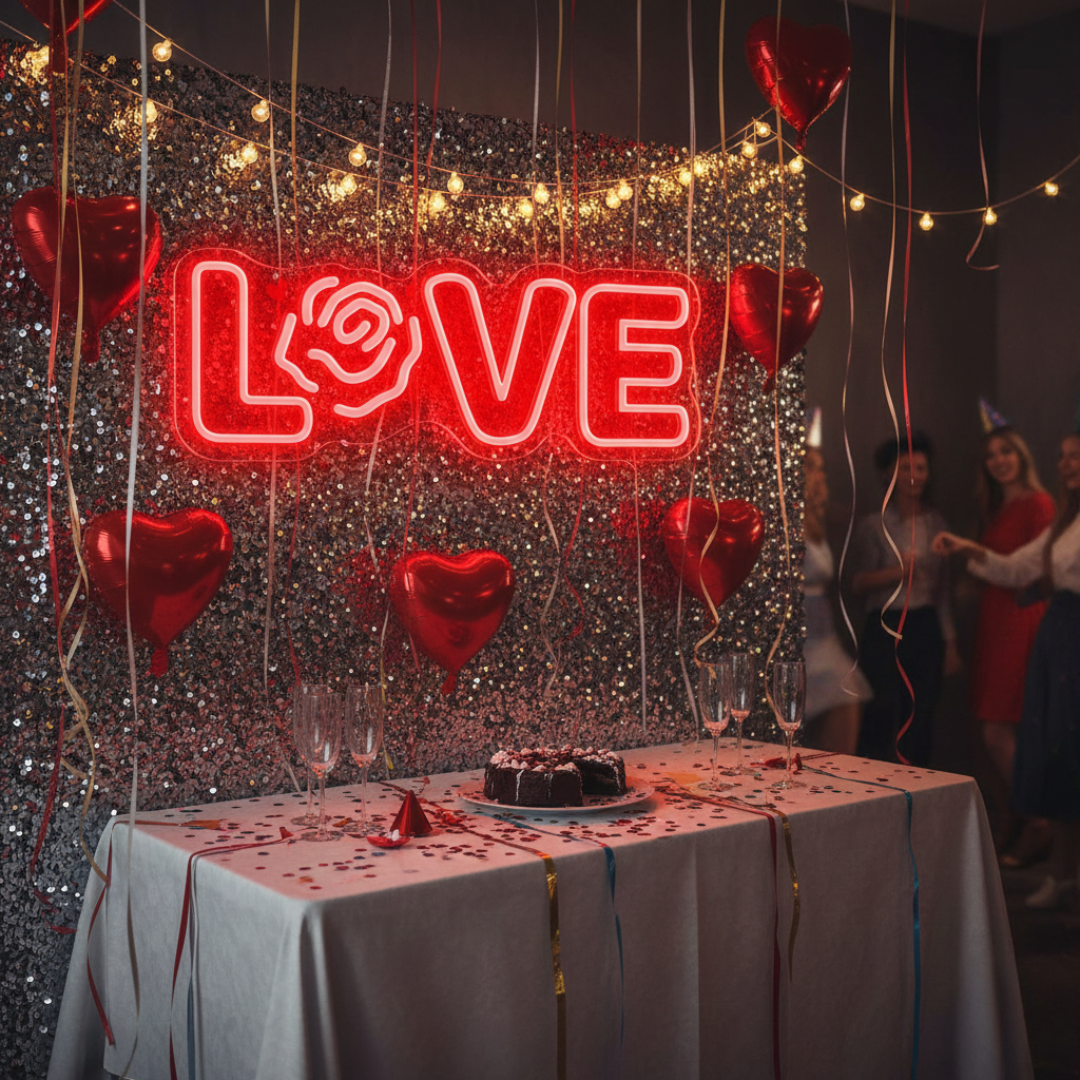 Love Valentine’s Day Neon Sign glowing on wall for romantic décor by Neon.Shop