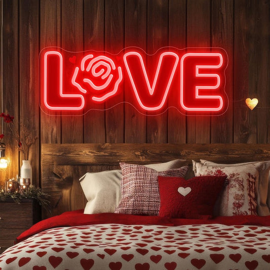 Love Valentine’s Day Neon Sign glowing on wall for romantic décor by Neon.Shop