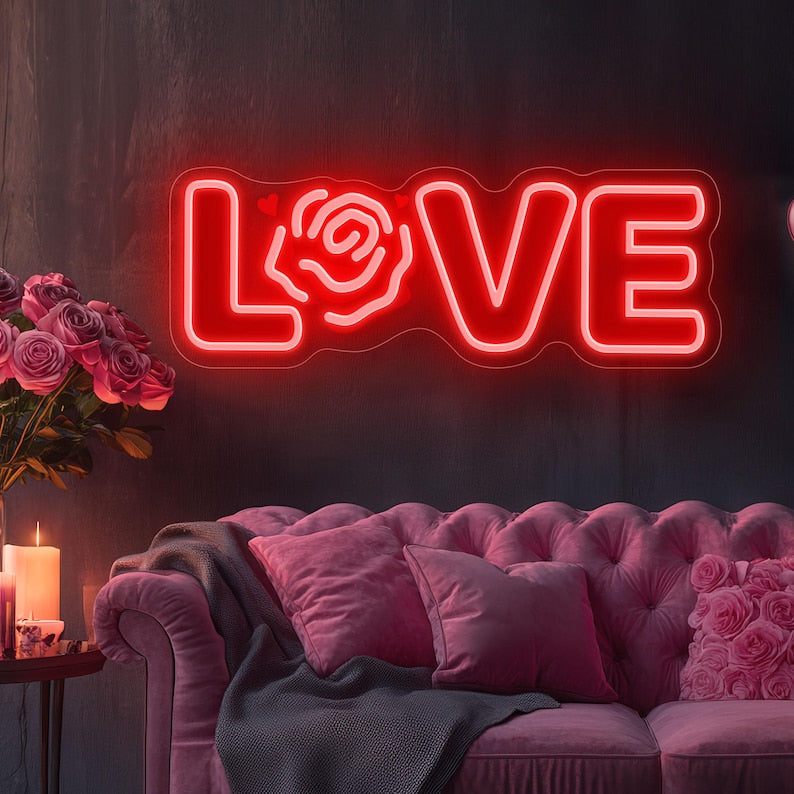 Love Valentine’s Day Neon Sign glowing on wall for romantic décor by Neon.Shop