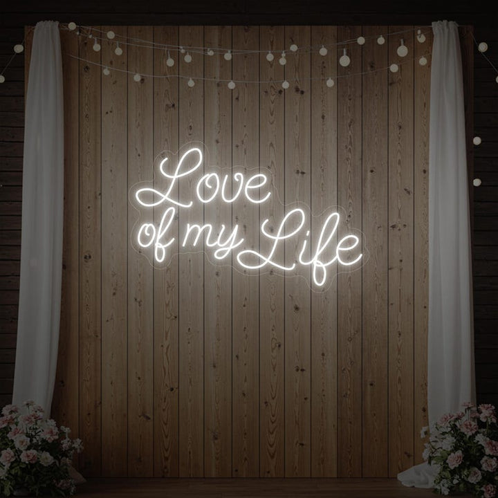 Love of My Life wedding LED neon sign glowing in cool white – Neon.Shop
