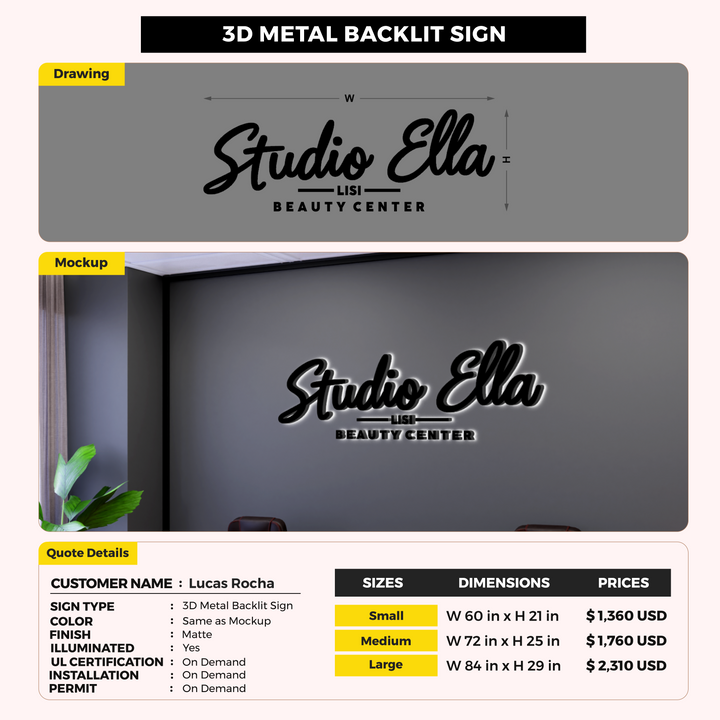 3D Metal Backlit Sign For Lucas Rocha