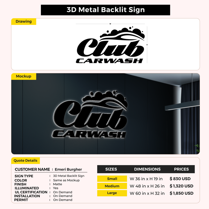 3D metal backlit sign for Emeri Burgher