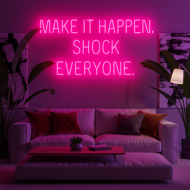 “Make It Happen, Shock Everyone” inspirational LED neon wall light, perfect for home, office, or creative workspace by Neon.Shop.