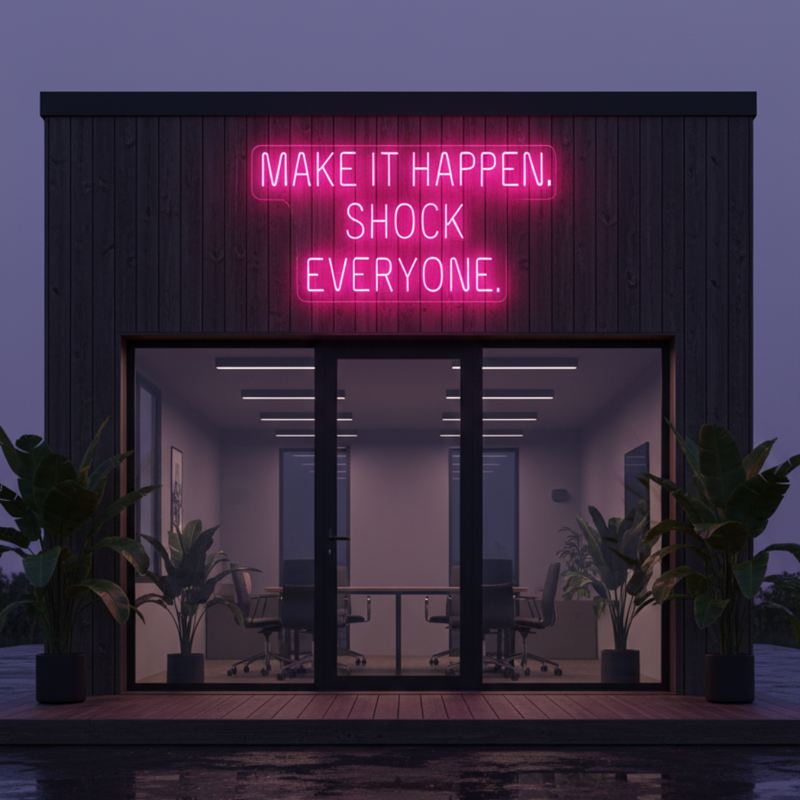 “Make It Happen, Shock Everyone” inspirational LED neon wall light, perfect for home, office, or creative workspace by Neon.Shop.