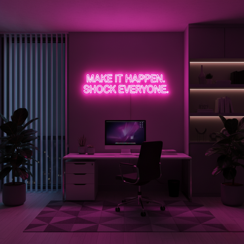 “Make It Happen, Shock Everyone” inspirational LED neon wall light, perfect for home, office, or creative workspace by Neon.Shop.