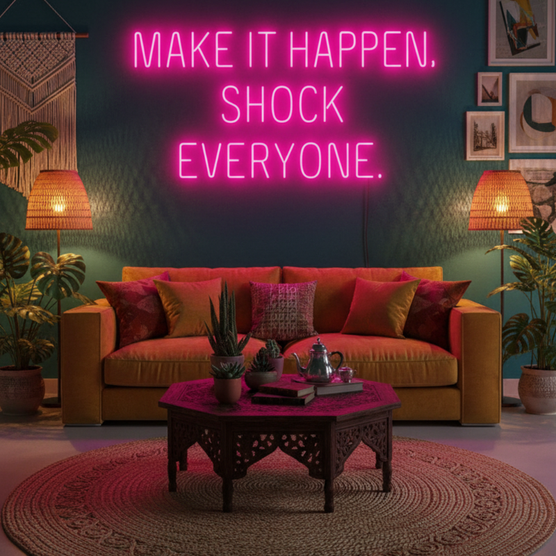 “Make It Happen, Shock Everyone” inspirational LED neon wall light, perfect for home, office, or creative workspace by Neon.Shop.