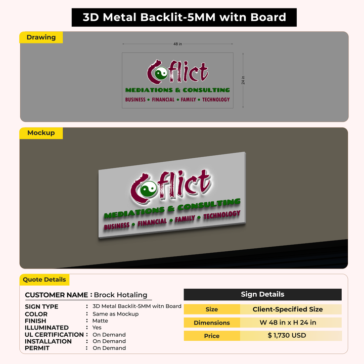 3D Metal Backlit Sign For Brock Hotaling