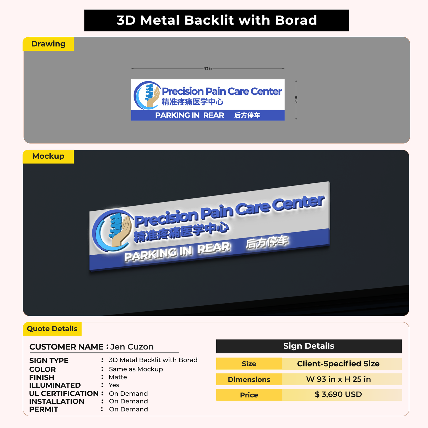 3D Metal Backlit Sign with Backboard For Jen Cuzon