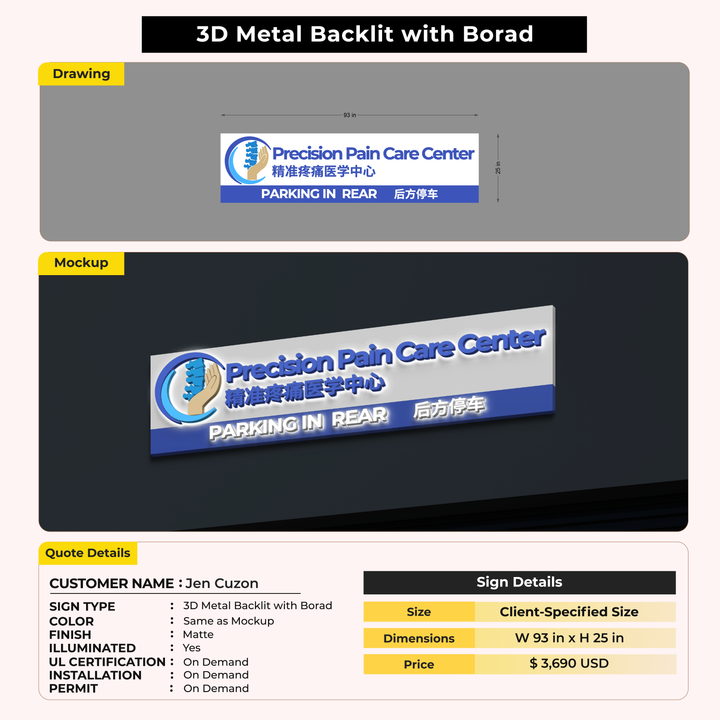 3D Metal Backlit Sign with Backboard For Jen Cuzon