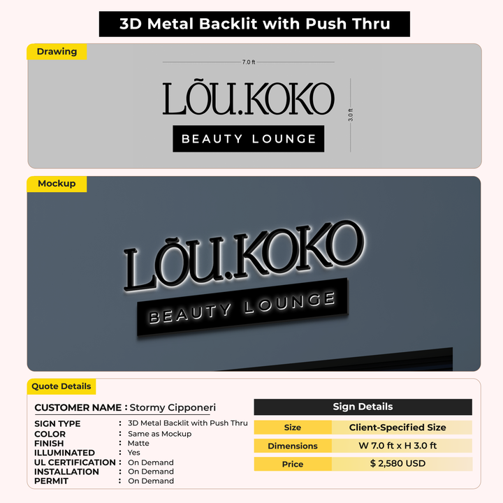 3D Metal backlit Sign for Stormy Cipponeri