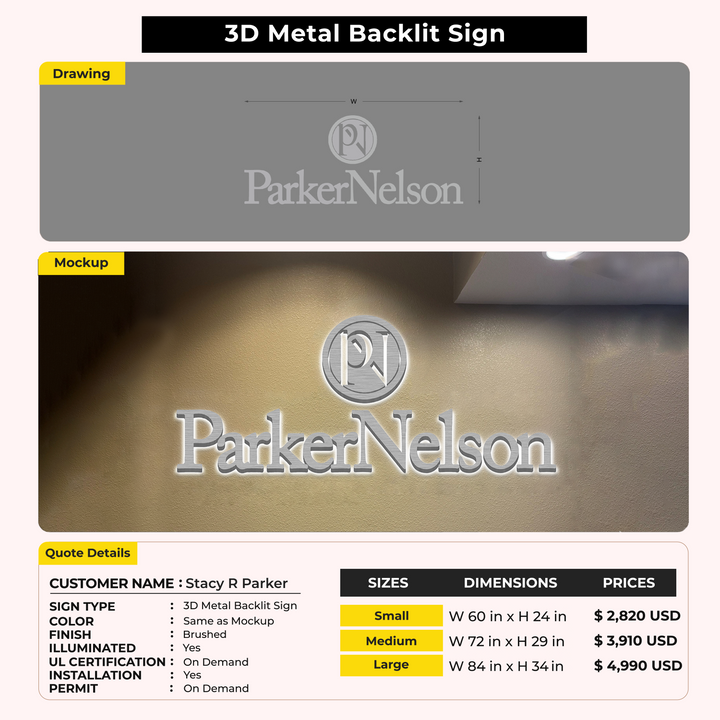 3D Metal Backlit Sign for Stacy R Parker