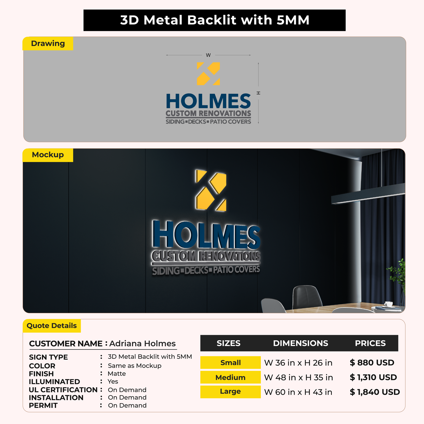3D Metal Backlit Sign for Adriana Holmes