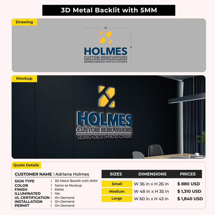 3D Metal Backlit Sign for Adriana Holmes