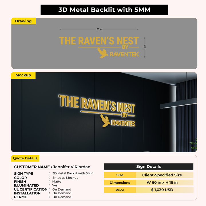 3D Metal Backlit with 5MM Sign for Jennifer V Riordan