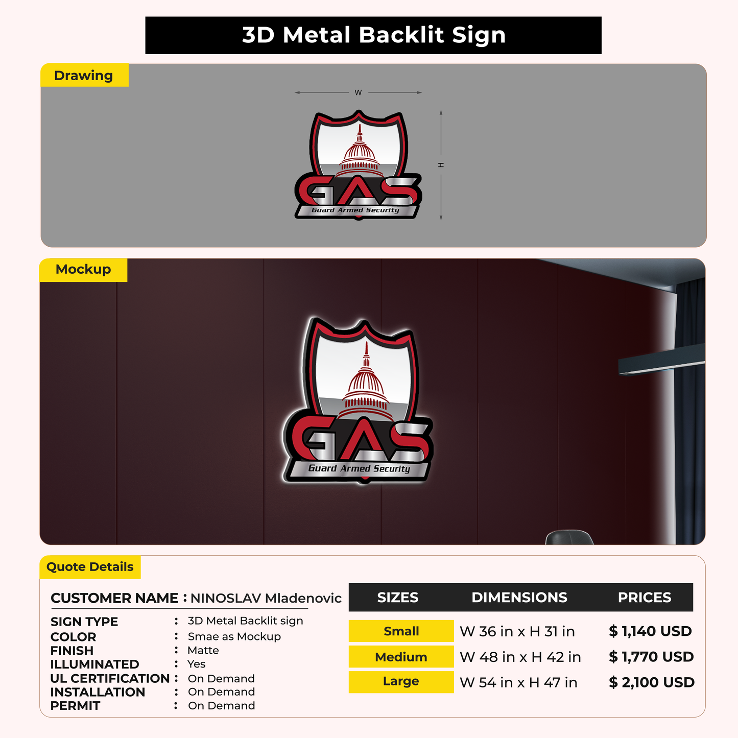 3D Metal Backlit Sign for NINOSLAV Mladenovic
