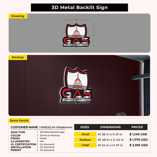 3D Metal Backlit Sign for NINOSLAV Mladenovic