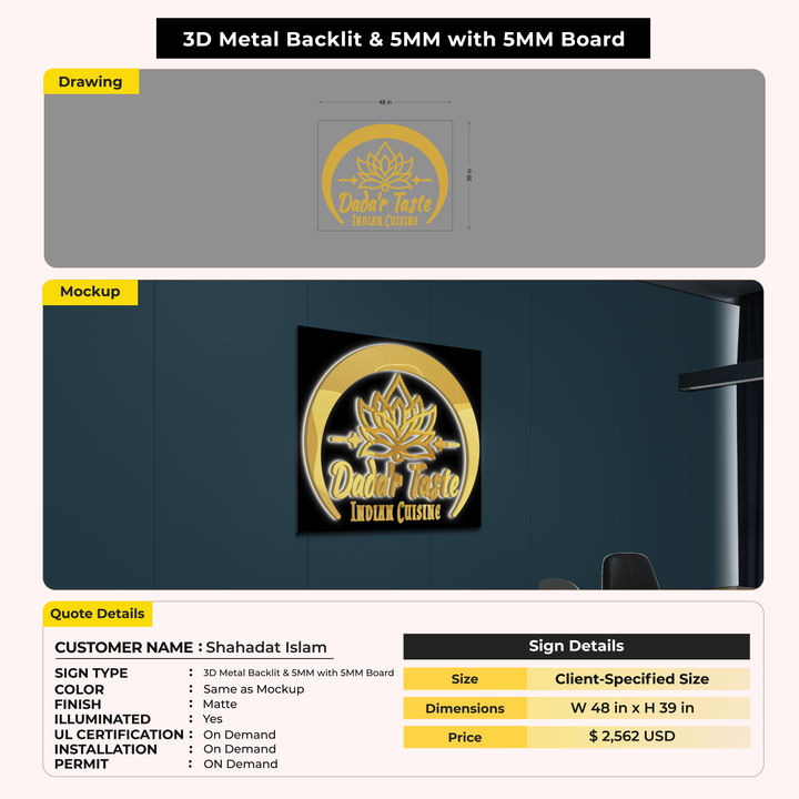 3D Metal Backlit Sign for Shahadat Islam