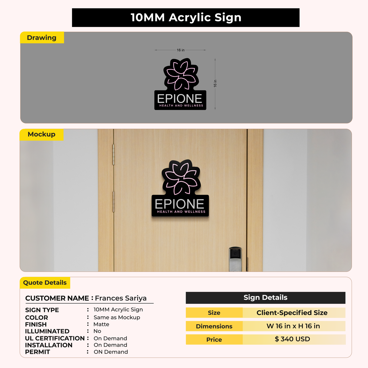 10MM Acrylic Sign For Frances Sariya