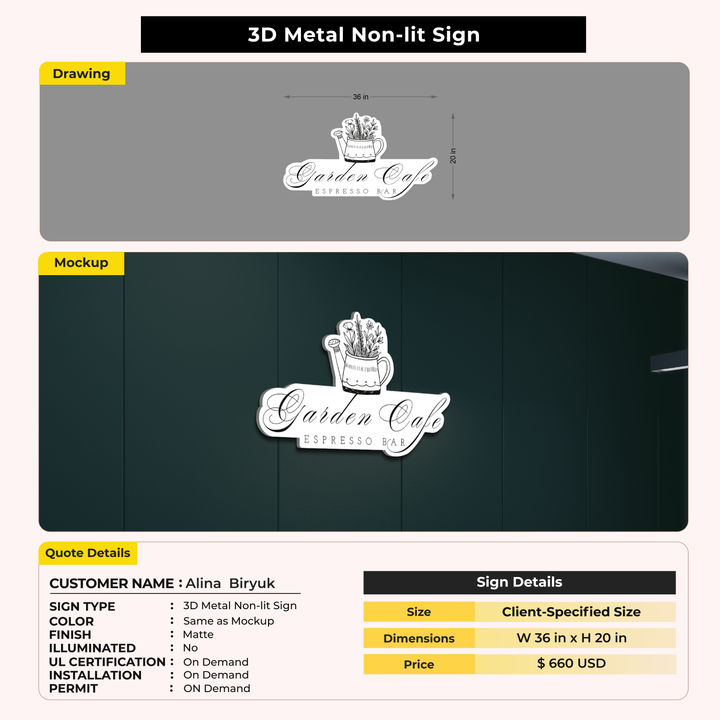 3D Metal Non-lit Sign for Alina  Biryuk