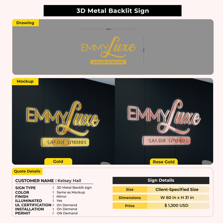 3D Metal Backlit Sign for Kelsey Hall