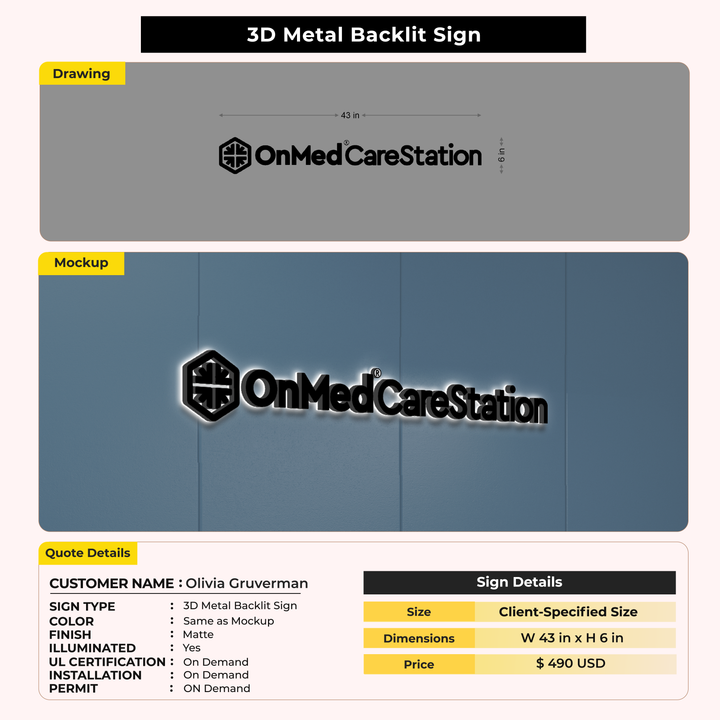 3D Metal Backlit Sign for Olivia Gruverman