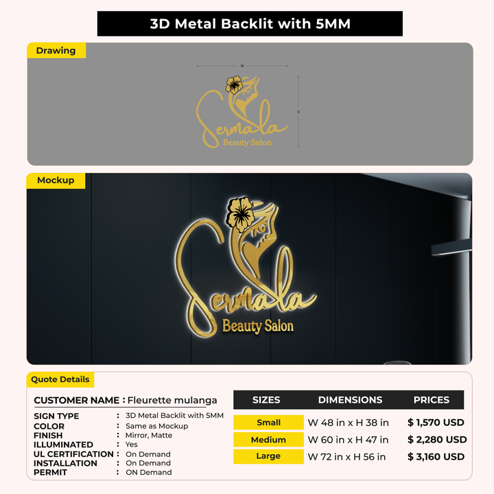 3D Metal Backlit Sign for Fleurette mulanga