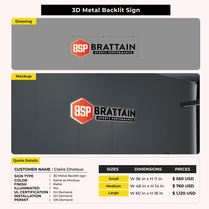 3D Metal Backlit Sign for Claire Choloux