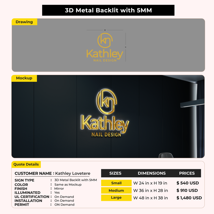 3D Metal Backlit Sign for Kathley Lovetere