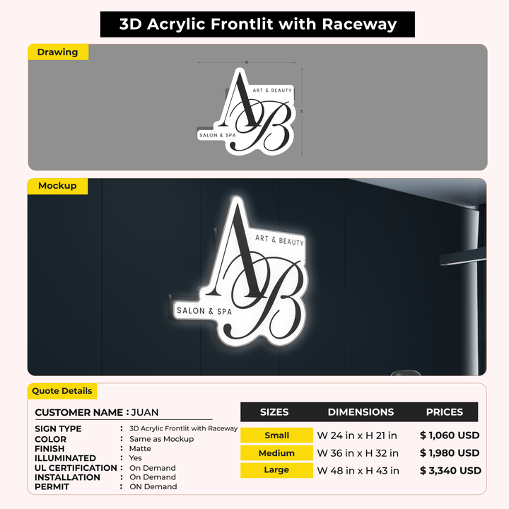 3D Acrylic Front-lit with Raceway Sign for JUAN