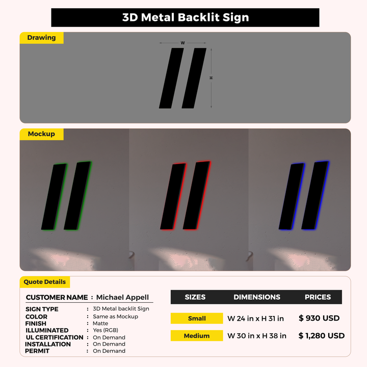 3D Metal Backlit Sign For Michael Appell