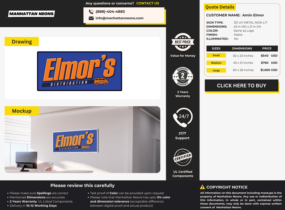 3D UV Metal Non-Lit Sign for Amin Elmor