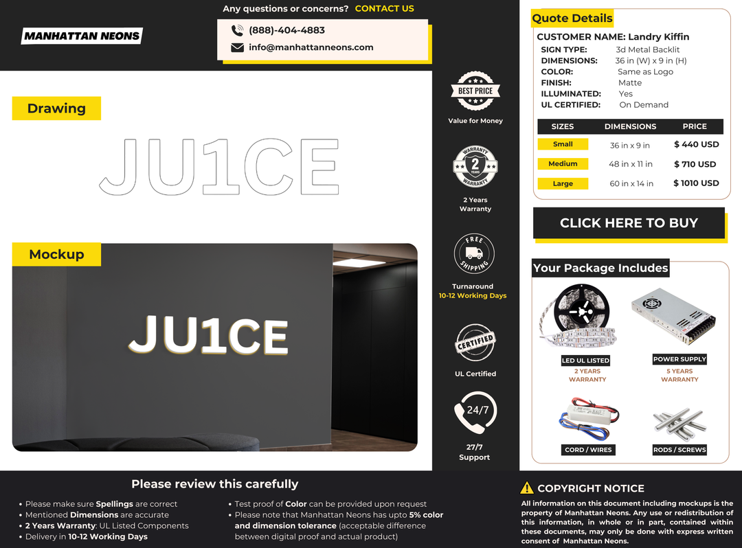 3D Metal Back-lit Sign For Landry Kiffin