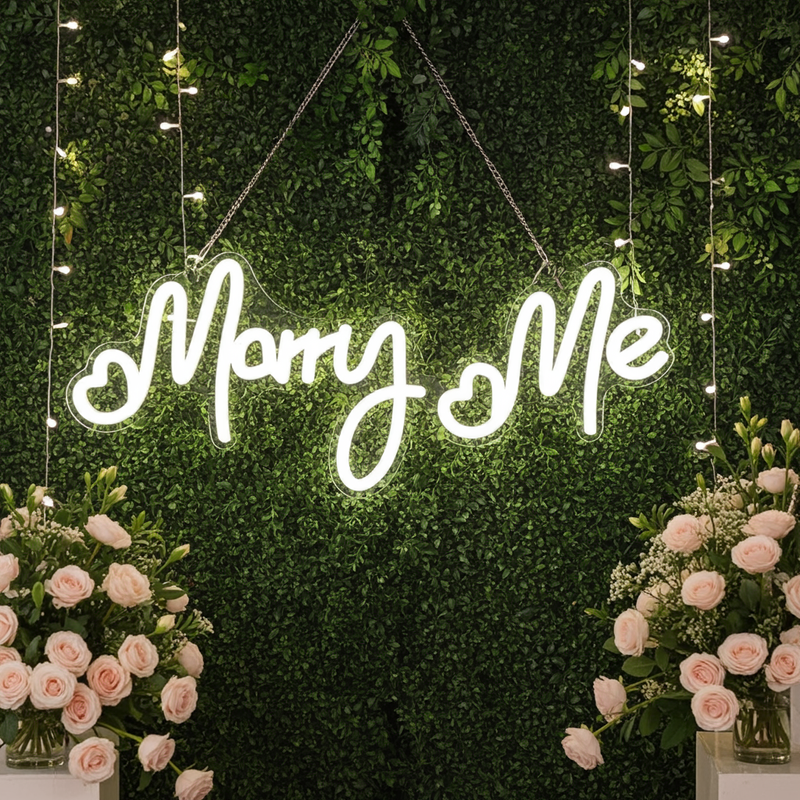 Marry Me Wedding LED Neon Sign by Neon.Shop Glowing In Cool White Color 