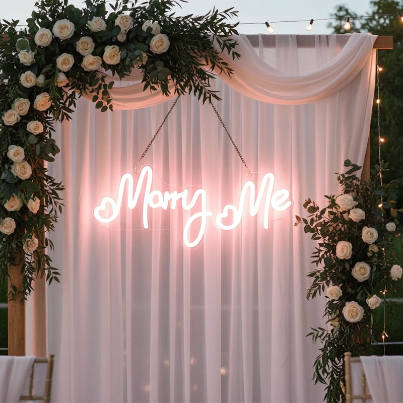 Marry Me Wedding LED Neon Sign by Neon.Shop Glowing in White Wedding Backdrop 