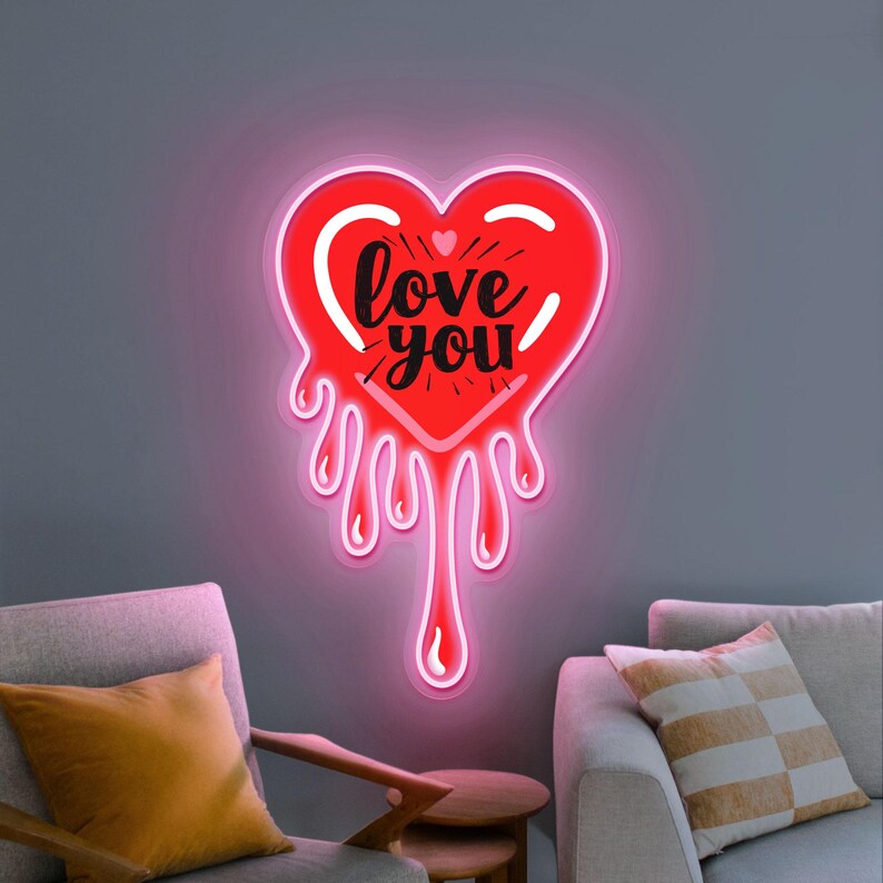 Melting Heart Love You UV Print Neon Sign displayed in wedding or proposal setup by Neon.Shop