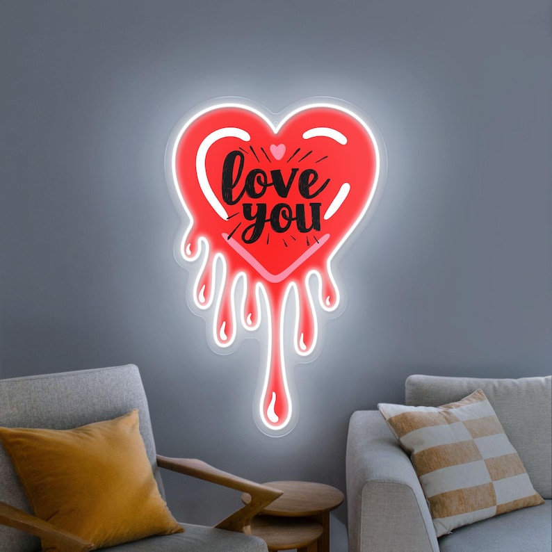 Melting Heart Love You UV Print Neon Sign displayed in wedding or proposal setup by Neon.Shop