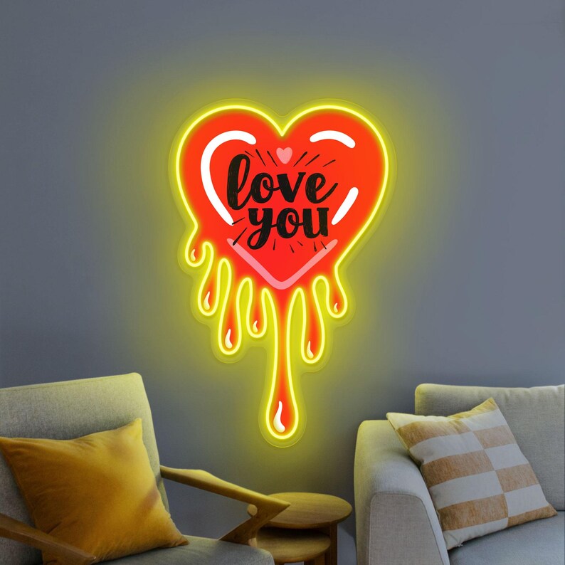 Melting Heart Love You UV Print Neon Sign displayed in wedding or proposal setup by Neon.Shop