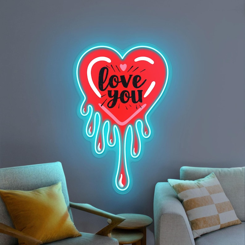 Melting Heart Love You UV Print Neon Sign displayed in wedding or proposal setup by Neon.Shop
