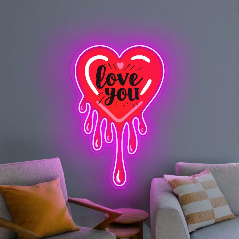 Melting Heart Love You UV Print Neon Sign displayed in wedding or proposal setup by Neon.Shop