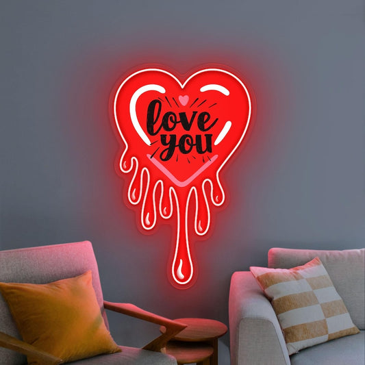 Melting Heart Love You UV Print Neon Sign displayed in wedding or proposal setup by Neon.Shop