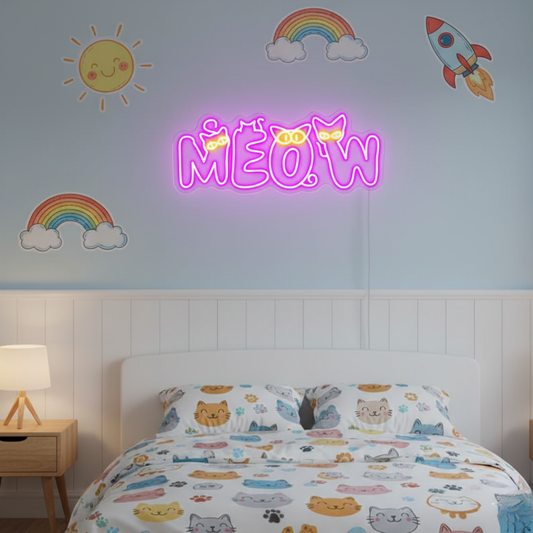 Meow Cat LED neon sign for kids by Neon.Shop glowing in a bedroom or nursery as cute and playful neon décor