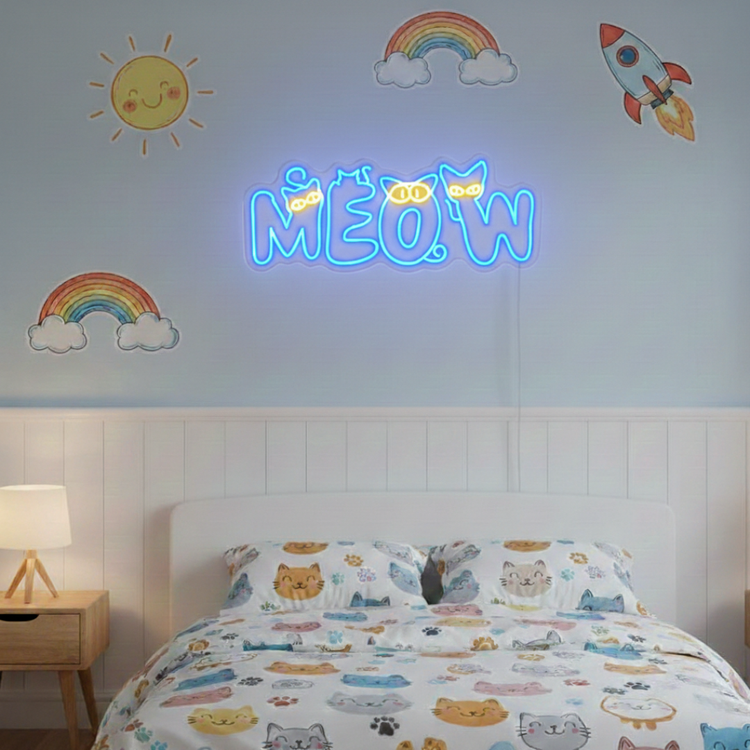 Meow Cat LED neon sign for kids by Neon.Shop glowing in a bedroom or nursery as cute and playful neon décor