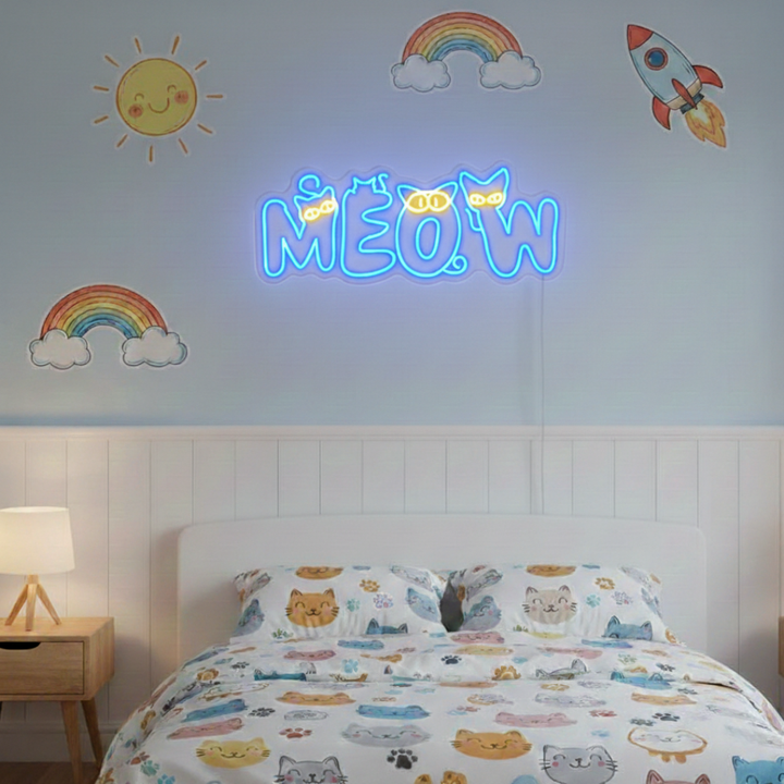Meow Cat LED neon sign for kids by Neon.Shop glowing in a bedroom or nursery as cute and playful neon décor